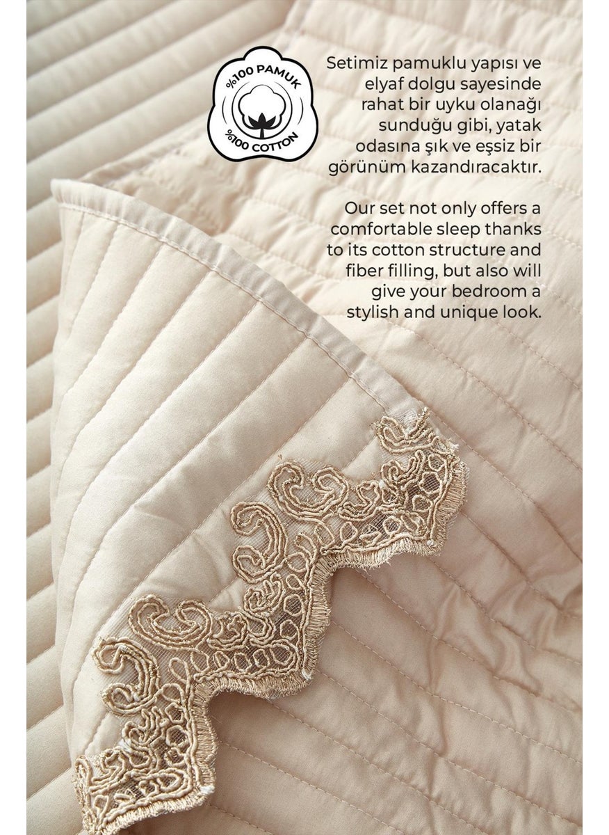 Evlen Home Collection Mihrimah Lace Luxury Bedspread Set Double Cotton Stylish Elegant Soft Textured Pique Beige  - Image 4