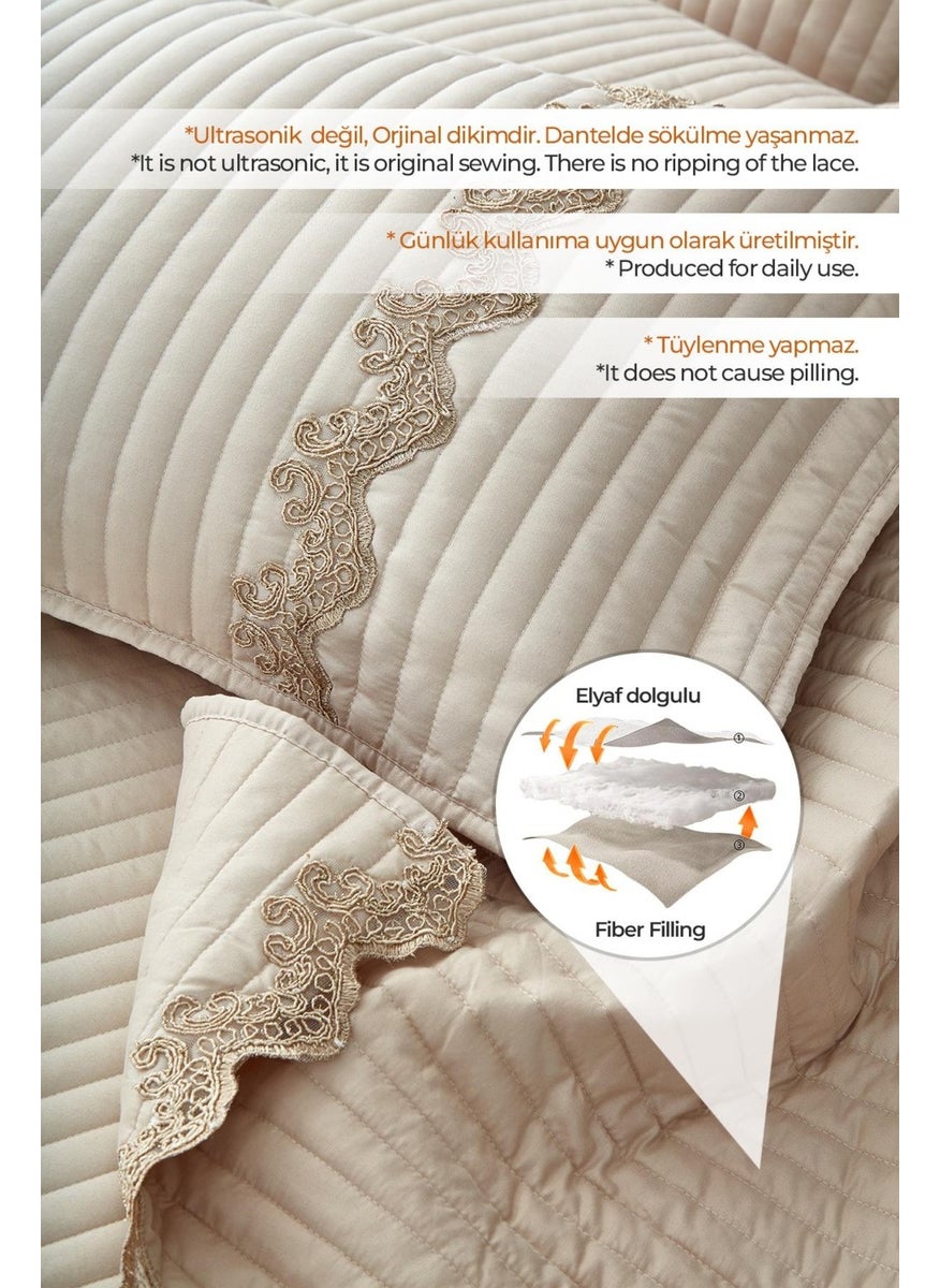 Evlen Home Collection Mihrimah Lace Luxury Bedspread Set Double Cotton Stylish Elegant Soft Textured Pique Beige  - Image 5