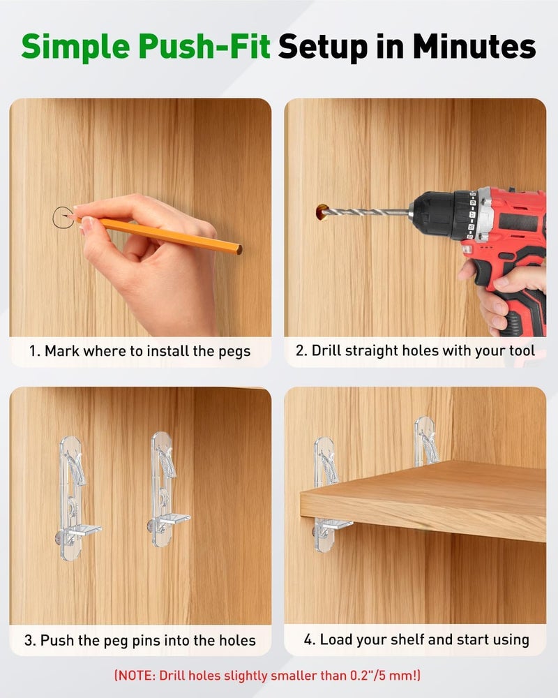 Vibit 28 Pcs Clear Plastic Cabinet Shelf Pegs, 5 mm Cabinet Shelf Pins, Self-Locking Shelf Support Pegs Shelf Brackets for 3/4 Inch Thick Shelves, Cabinet Shelf Clips for Wood Shelving - Image 3