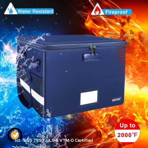 ENGPOW File Box with Lock, Fireproof Document Box with Zipper＆Pockets, Collapsible File Organizer Filing Storage Cabinet with Handle, Portable Home Office Safe for Hanging Letter/Legal Folder, Blue - Image 3