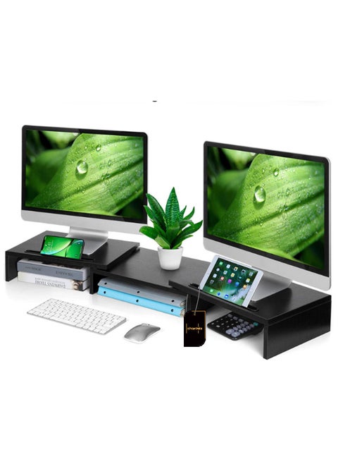 Dual Monitor Stand -Adjustable Length and Angle Dual Monitor Riser, Computer Monitor Stand with 2 Slots, Desktop Organizer, Monitor Stand Riser for PC/Computer/Laptop Black