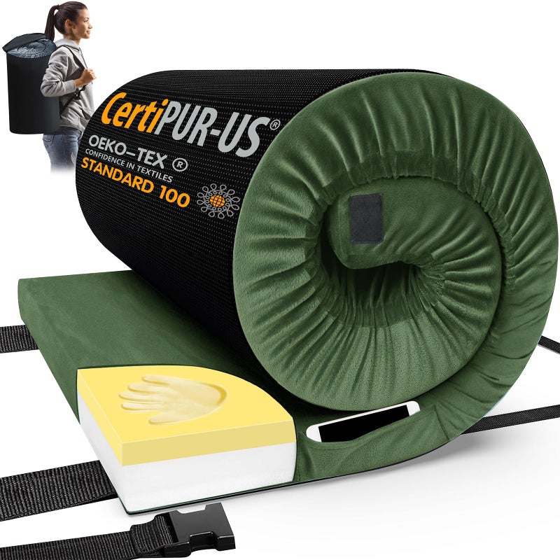 CYMULA CertiPUR-US Memory Foam Camping Mattress Pad, Portable Foam Sleeping Pad for Camping, Roll up Cot Green Sleeping Mat Floor Mattress Guest Floor Bed for Sleepover, Car, Tent SUV Cot Mattress - Image 1