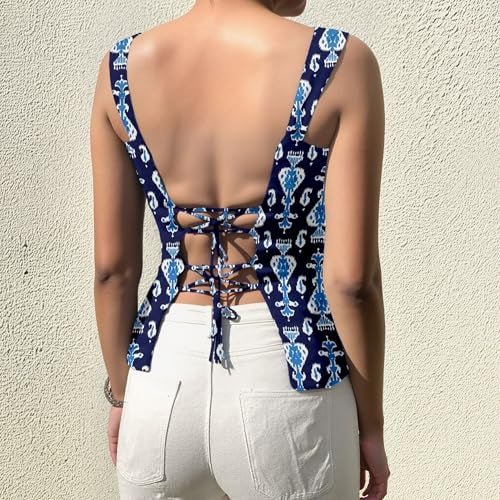 Aahwan LBlue Printed Square Neck Sleeveless Backless Short Indo-Western Ethnic Kurti Top for Women's & Girl's (357-LBlue-M) - Image 2