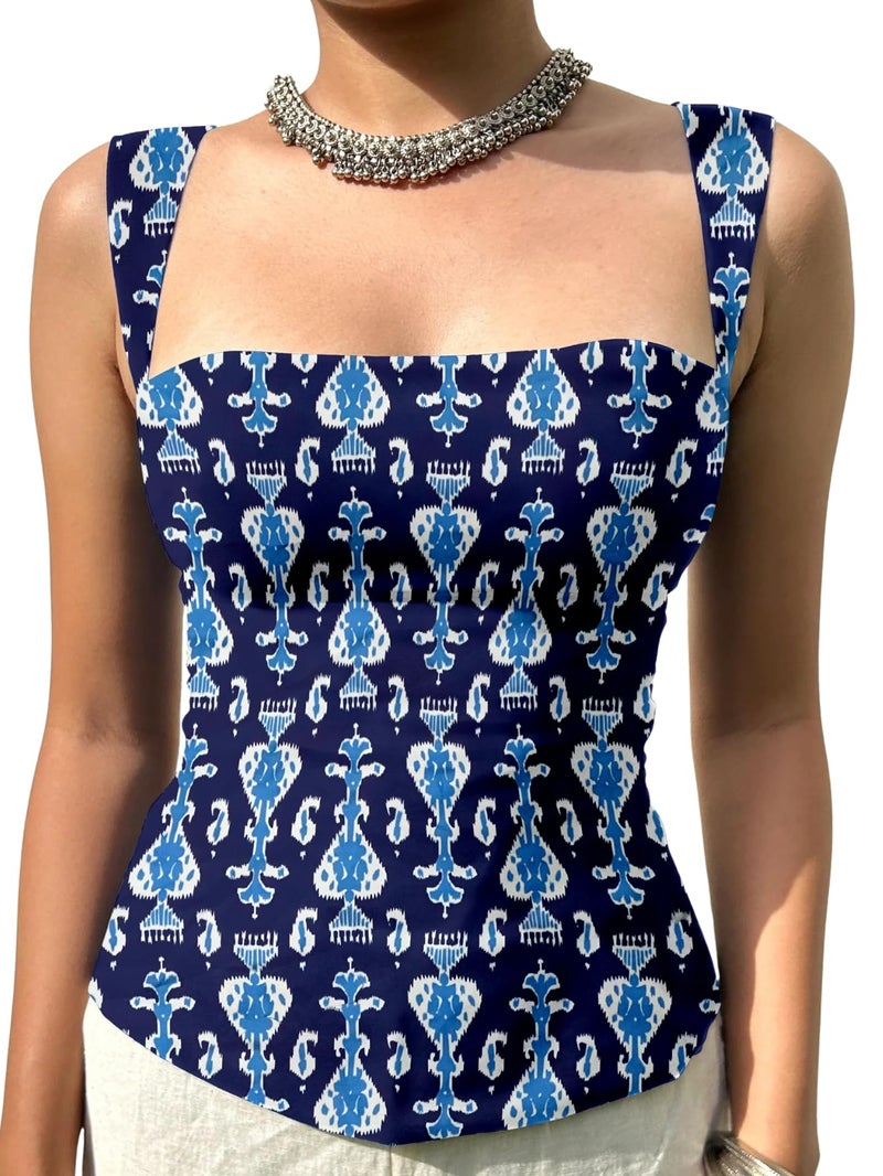 Aahwan LBlue Printed Square Neck Sleeveless Backless Short Indo-Western Ethnic Kurti Top for Women's & Girl's (357-LBlue-M) - Image 5