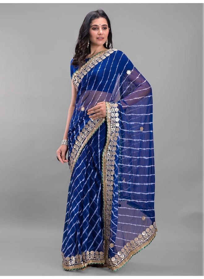 Indian Handicraft Chiffon Women'S/Girls Stylish Tradition Leheriya Gota Patti Lace Saree With Un-Stitched Blouse -1, Blue - Image 4