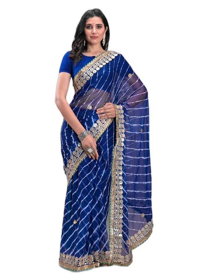 Indian Handicraft Chiffon Women'S/Girls Stylish Tradition Leheriya Gota Patti Lace Saree With Un-Stitched Blouse -1, Blue - Image 1