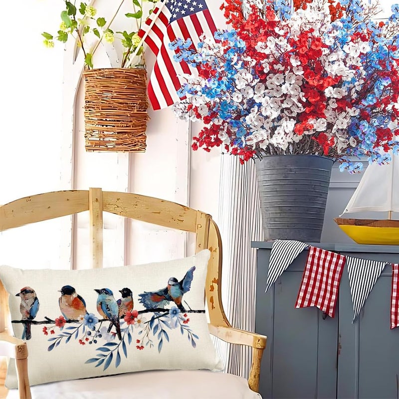 RABUSOFA 4th of July Memorial Day Patriotic Lumbar Throw Pillow Cover,12x20 Inch Red White and Blue Birds Flowers Independence Day American Fourth of July Decoration for Sofa Couch - Image 2