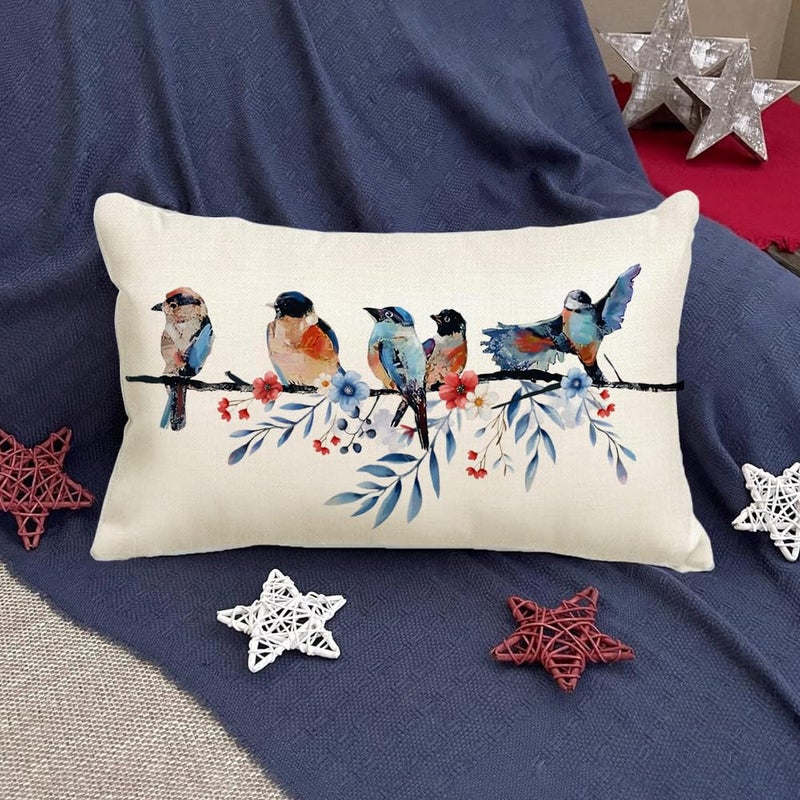 RABUSOFA 4th of July Memorial Day Patriotic Lumbar Throw Pillow Cover,12x20 Inch Red White and Blue Birds Flowers Independence Day American Fourth of July Decoration for Sofa Couch - Image 5