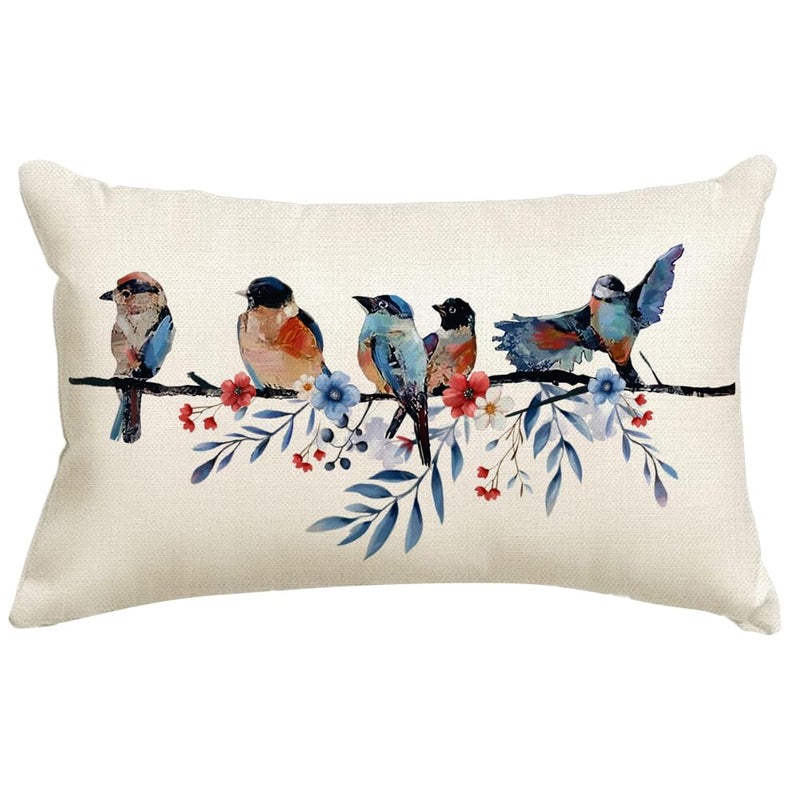 RABUSOFA 4th of July Memorial Day Patriotic Lumbar Throw Pillow Cover,12x20 Inch Red White and Blue Birds Flowers Independence Day American Fourth of July Decoration for Sofa Couch - Image 1
