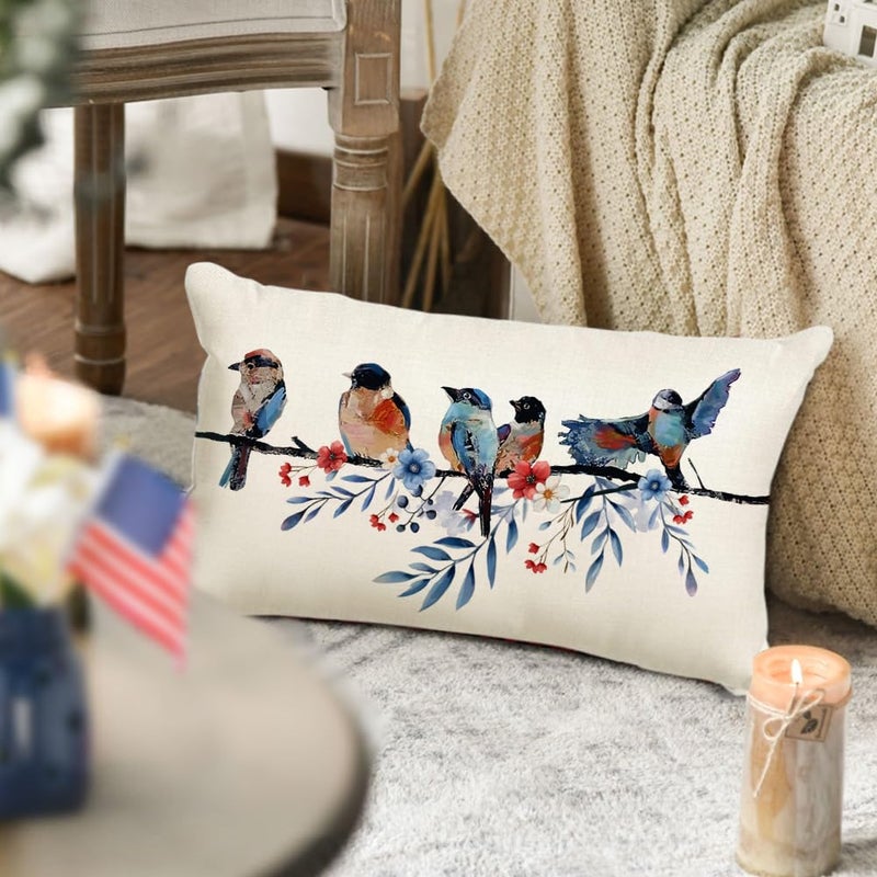 RABUSOFA 4th of July Memorial Day Patriotic Lumbar Throw Pillow Cover,12x20 Inch Red White and Blue Birds Flowers Independence Day American Fourth of July Decoration for Sofa Couch - Image 4