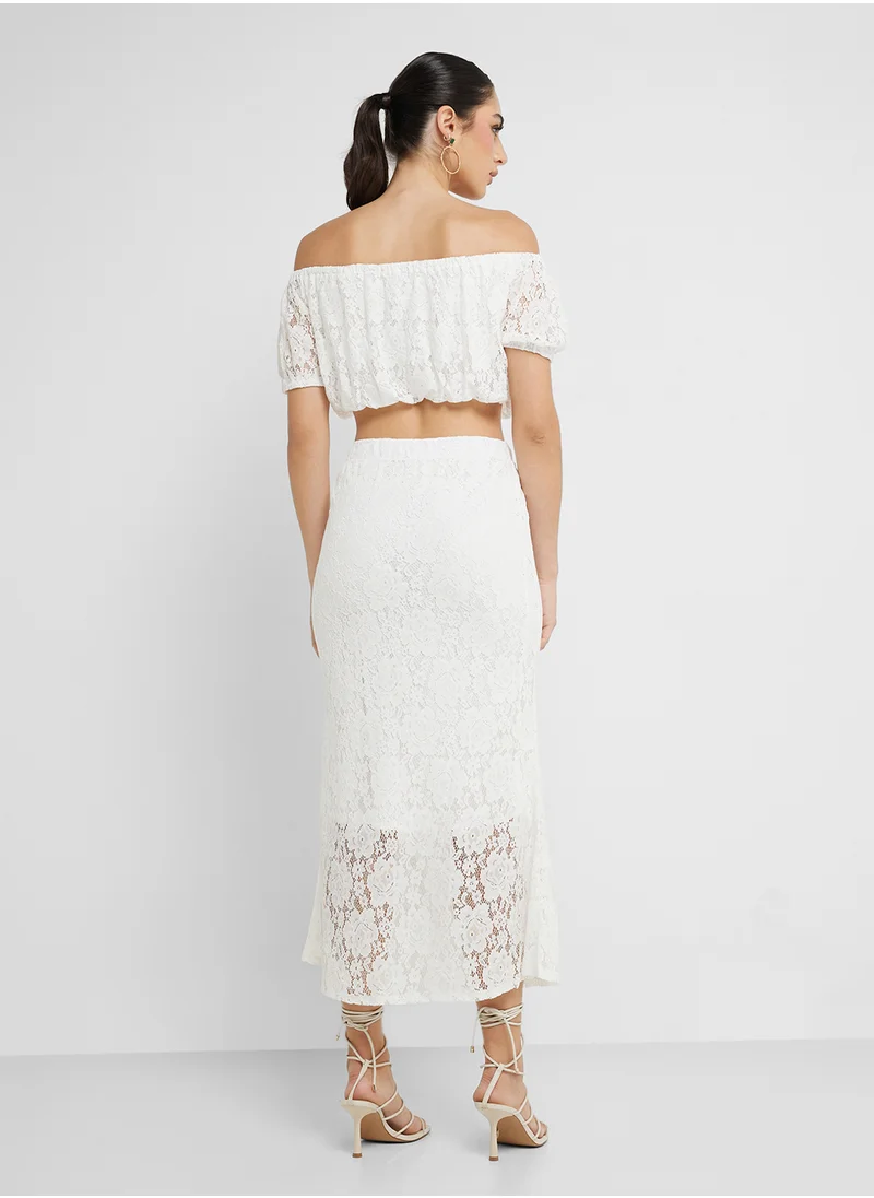 جينجر Off Shoulder Lace Detail Crop Top & Midi Skirt Coord Set