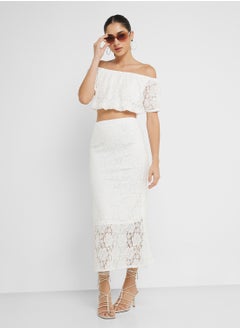 Ginger Off Shoulder Lace Detail Crop Top & Midi Skirt Coord Set  - Image 1