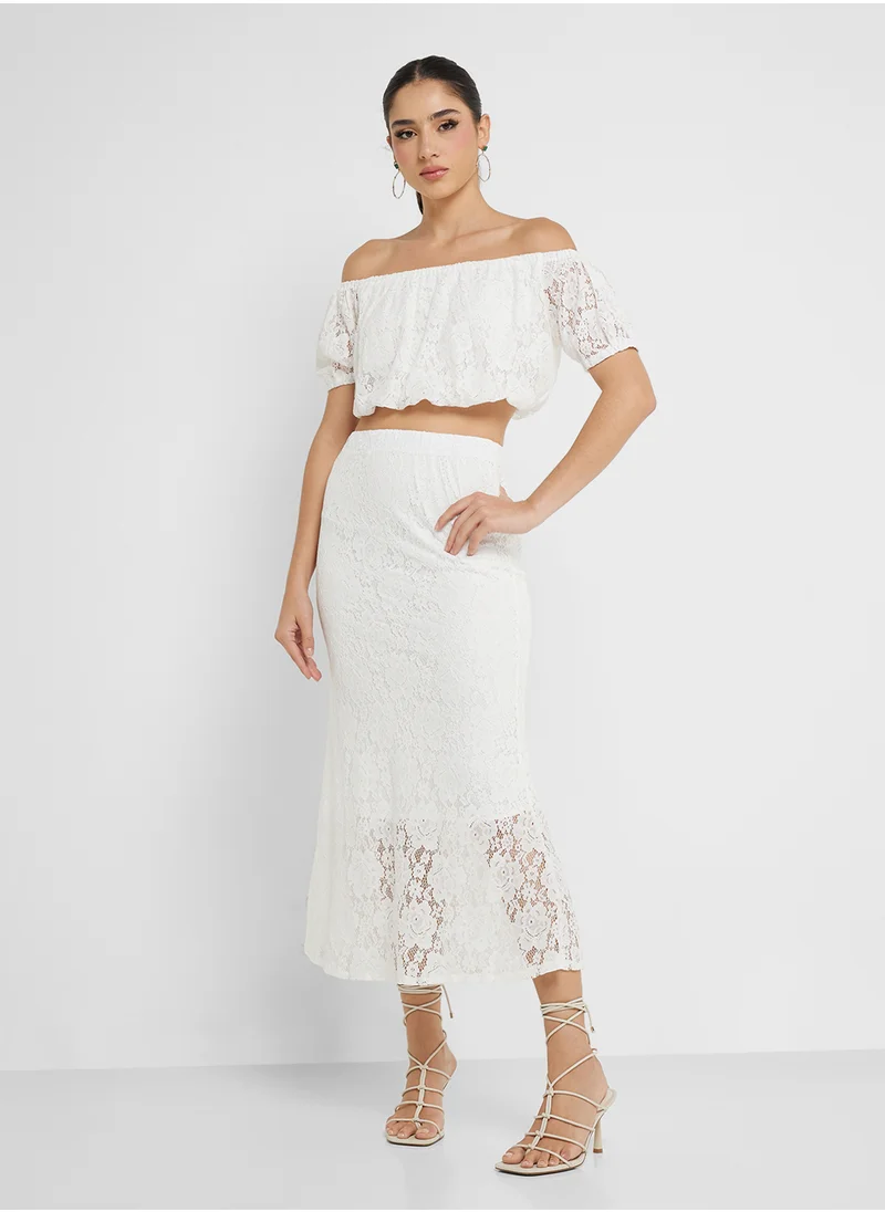 Ginger Off Shoulder Lace Detail Crop Top & Midi Skirt Coord Set