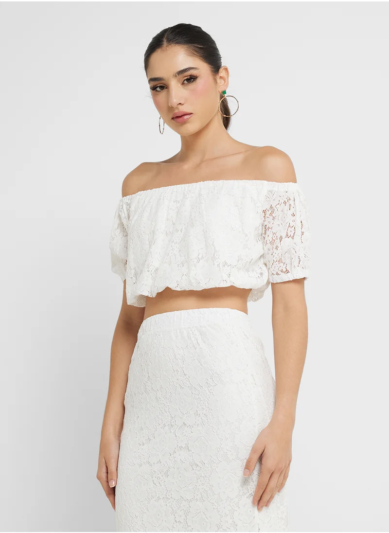 Ginger Off Shoulder Lace Detail Crop Top & Midi Skirt Coord Set