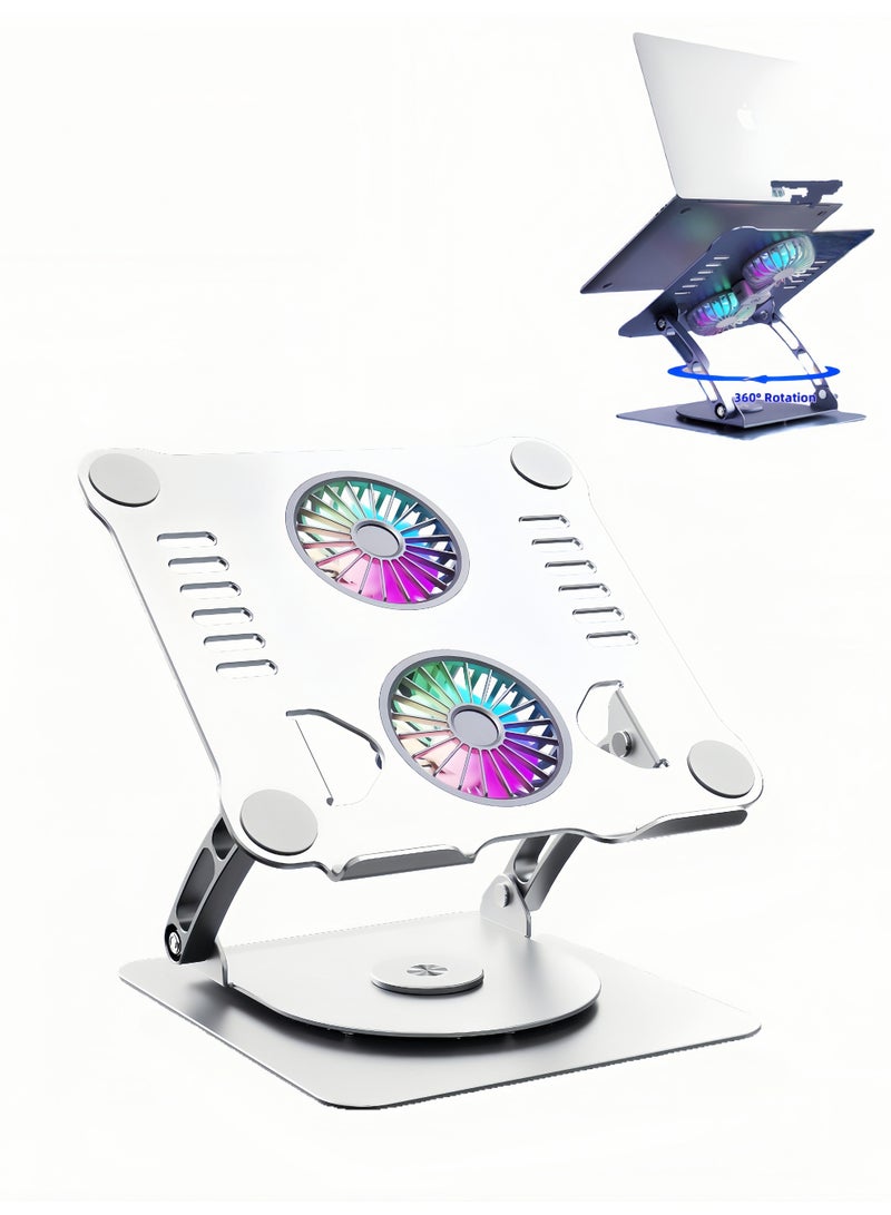 حامل تبريد عالمي من سبائك الألومنيوم الفاخر، حامل كمبيوتر محمول قابل للتعديل بزاوية 360 درجة + مع مروحة تبريد مزدوجة - حامل محمول قابل للطي - حامل كمبيوتر محمول قابل لتعديل الارتفاع +، متوافق مع أجهزة الكمبيوتر المحمولة مقاس 9-15.9 بوصة عالمي، ضروري للعمل والألعاب (فضي) محمول قابل للتعديل بزاوية 360 درجة + مع مروحة تبريد مزدوجة وإضاءة RGB - حامل محمول قابل للطي - حامل كمبيوتر محمول قابل لتعديل الارتفاع +، متوافق مع أجهزة الكمبيوتر المحمولة مقاس 9-15.9 بوصة عالمي، ضروري للعمل والألعاب (فضي) - Image 1