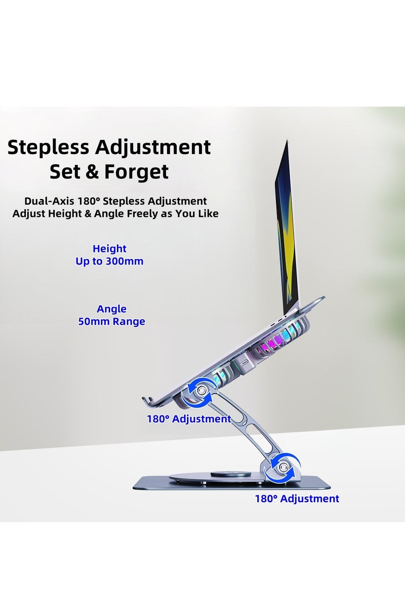 حامل تبريد عالمي من سبائك الألومنيوم الفاخر، حامل كمبيوتر محمول قابل للتعديل بزاوية 360 درجة + مع مروحة تبريد مزدوجة - حامل محمول قابل للطي - حامل كمبيوتر محمول قابل لتعديل الارتفاع +، متوافق مع أجهزة الكمبيوتر المحمولة مقاس 9-15.9 بوصة عالمي، ضروري للعمل والألعاب (فضي) محمول قابل للتعديل بزاوية 360 درجة + مع مروحة تبريد مزدوجة وإضاءة RGB - حامل محمول قابل للطي - حامل كمبيوتر محمول قابل لتعديل الارتفاع +، متوافق مع أجهزة الكمبيوتر المحمولة مقاس 9-15.9 بوصة عالمي، ضروري للعمل والألعاب (فضي) - Image 4