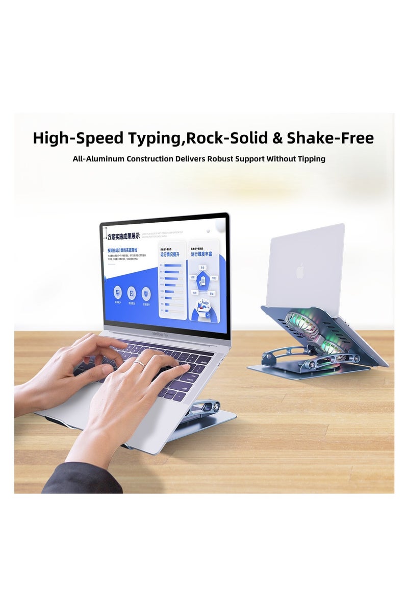 حامل تبريد عالمي من سبائك الألومنيوم الفاخر، حامل كمبيوتر محمول قابل للتعديل بزاوية 360 درجة + مع مروحة تبريد مزدوجة - حامل محمول قابل للطي - حامل كمبيوتر محمول قابل لتعديل الارتفاع +، متوافق مع أجهزة الكمبيوتر المحمولة مقاس 9-15.9 بوصة عالمي، ضروري للعمل والألعاب (فضي) محمول قابل للتعديل بزاوية 360 درجة + مع مروحة تبريد مزدوجة وإضاءة RGB - حامل محمول قابل للطي - حامل كمبيوتر محمول قابل لتعديل الارتفاع +، متوافق مع أجهزة الكمبيوتر المحمولة مقاس 9-15.9 بوصة عالمي، ضروري للعمل والألعاب (فضي) - Image 5