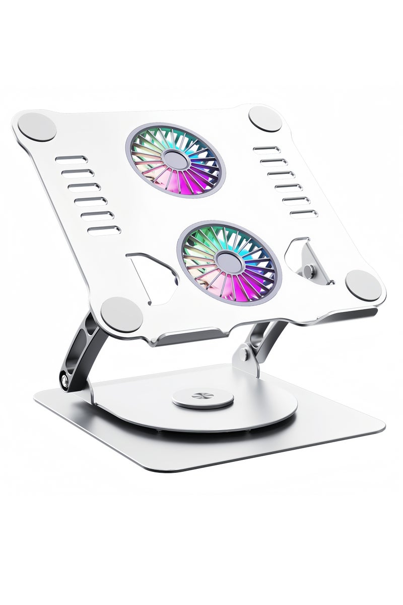 حامل تبريد عالمي من سبائك الألومنيوم الفاخر، حامل كمبيوتر محمول قابل للتعديل بزاوية 360 درجة + مع مروحة تبريد مزدوجة - حامل محمول قابل للطي - حامل كمبيوتر محمول قابل لتعديل الارتفاع +، متوافق مع أجهزة الكمبيوتر المحمولة مقاس 9-15.9 بوصة عالمي، ضروري للعمل والألعاب (فضي) محمول قابل للتعديل بزاوية 360 درجة + مع مروحة تبريد مزدوجة وإضاءة RGB - حامل محمول قابل للطي - حامل كمبيوتر محمول قابل لتعديل الارتفاع +، متوافق مع أجهزة الكمبيوتر المحمولة مقاس 9-15.9 بوصة عالمي، ضروري للعمل والألعاب (فضي) - Image 2