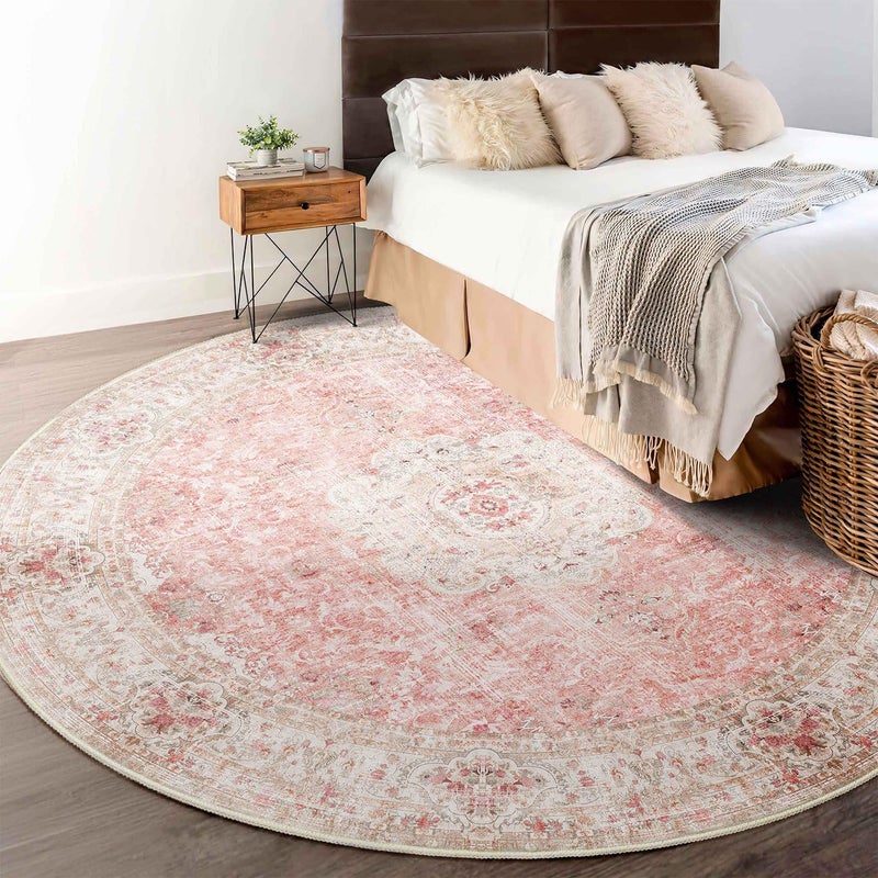 Castage Pink Round Rug 6ft Large Circle Area Rugs for Bedroom Living Room Washable Boho Vintage Bohemian Distressed Oriental Floral Carpet Non Slip Blush - Image 2