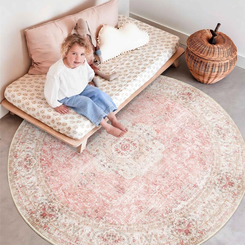 Castage Pink Round Rug 6ft Large Circle Area Rugs for Bedroom Living Room Washable Boho Vintage Bohemian Distressed Oriental Floral Carpet Non Slip Blush - Image 3