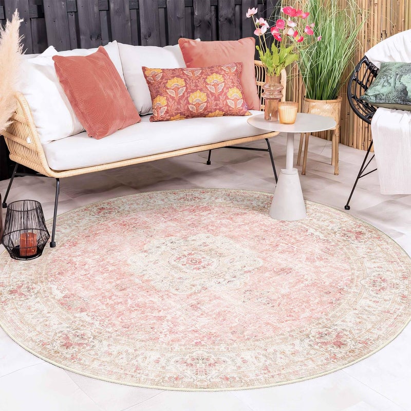 Castage Pink Round Rug 6ft Large Circle Area Rugs for Bedroom Living Room Washable Boho Vintage Bohemian Distressed Oriental Floral Carpet Non Slip Blush - Image 1