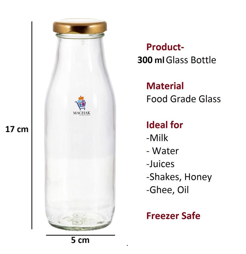 Machak Milk Bottle Glass Water Bottle For Fridge with Air Tight Cap, 300 ml, Clear (Set of 8) - Image 2