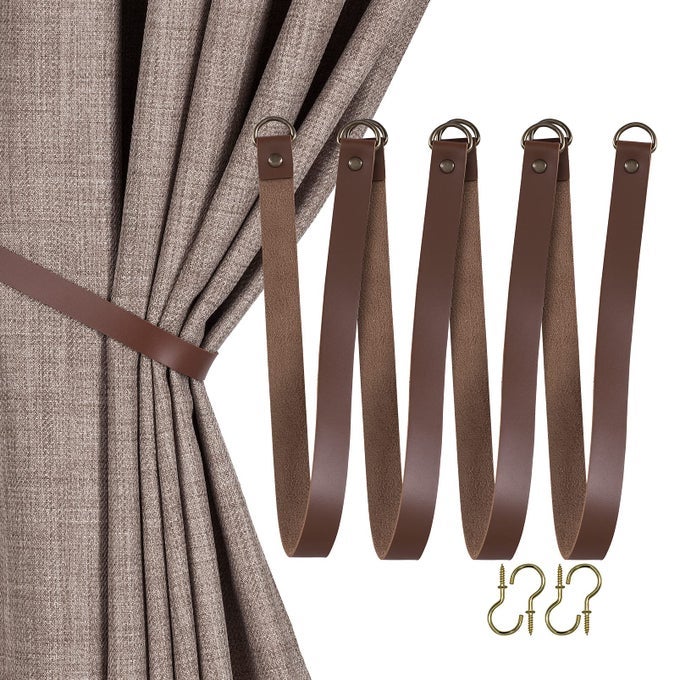 LEATHER CURTAIN TIE BACKS ATTACH TO WALL OUTDOOR DRAPE HOLDER HOLDBACKS TIEBACKS WITH WALL HOOKS 4 PACK CHOCOLATE