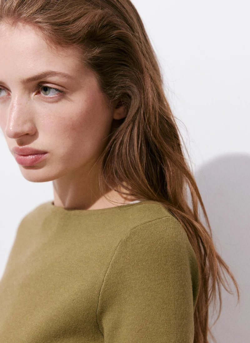 Mango 37-KHAKI Fine-Knit Boat-Neck Sweater for Women | Best Price UAE