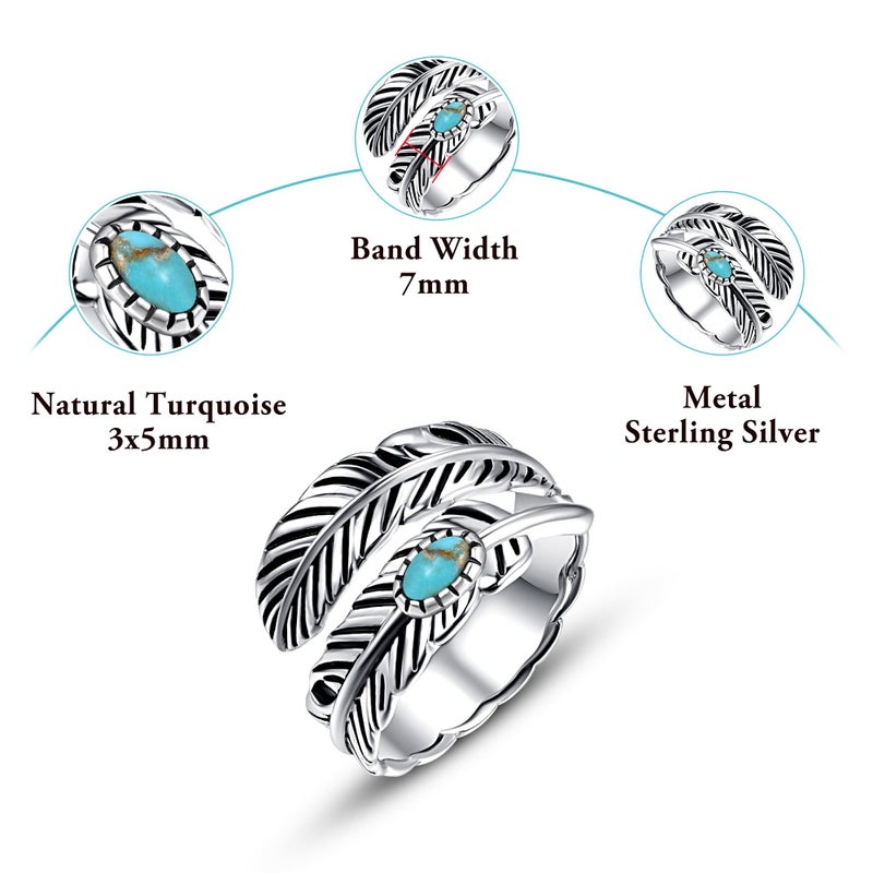 AVECON 925 Sterling Silver Ring Turquoise Rings Adjustable Feather Ring with Turquoise Stacking Ring Vintage Statement Ring for Women & Men - Image 2
