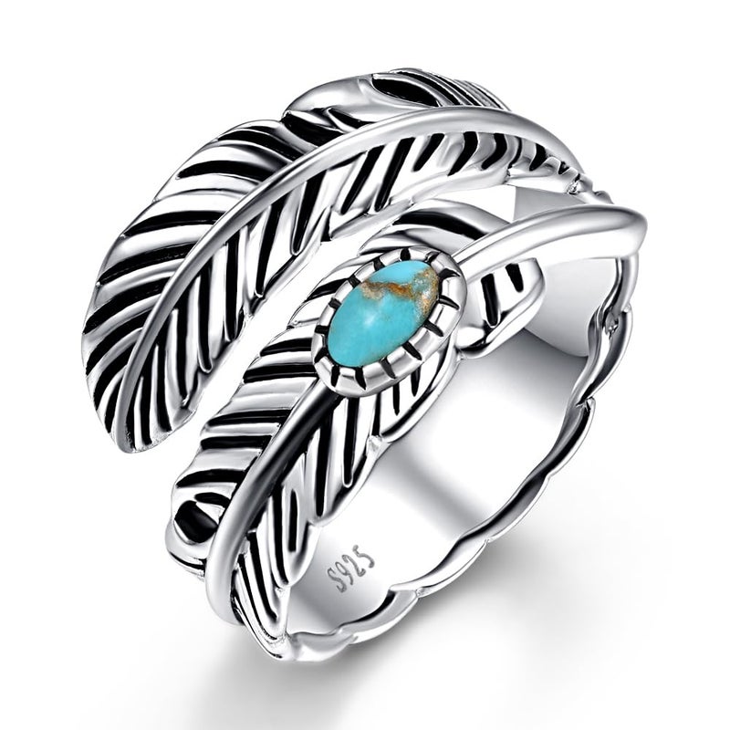 AVECON 925 Sterling Silver Ring Turquoise Rings Adjustable Feather Ring with Turquoise Stacking Ring Vintage Statement Ring for Women & Men - Image 1