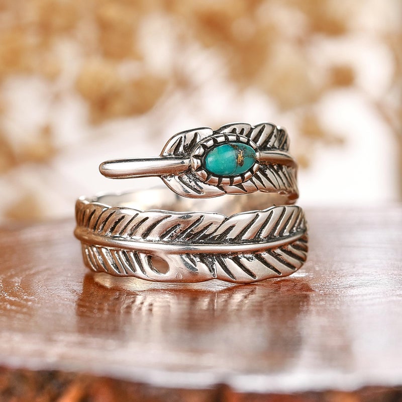 AVECON 925 Sterling Silver Ring Turquoise Rings Adjustable Feather Ring with Turquoise Stacking Ring Vintage Statement Ring for Women & Men - Image 3