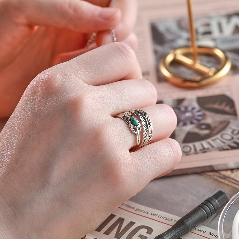 AVECON 925 Sterling Silver Ring Turquoise Rings Adjustable Feather Ring with Turquoise Stacking Ring Vintage Statement Ring for Women & Men - Image 5