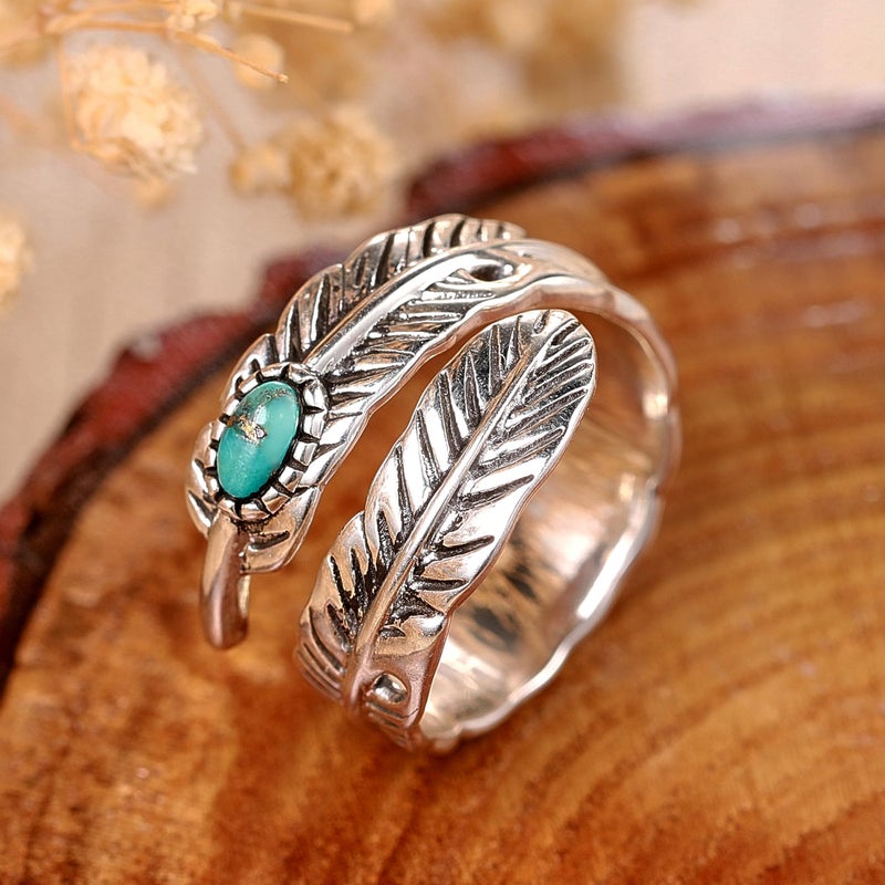AVECON 925 Sterling Silver Ring Turquoise Rings Adjustable Feather Ring with Turquoise Stacking Ring Vintage Statement Ring for Women & Men - Image 4