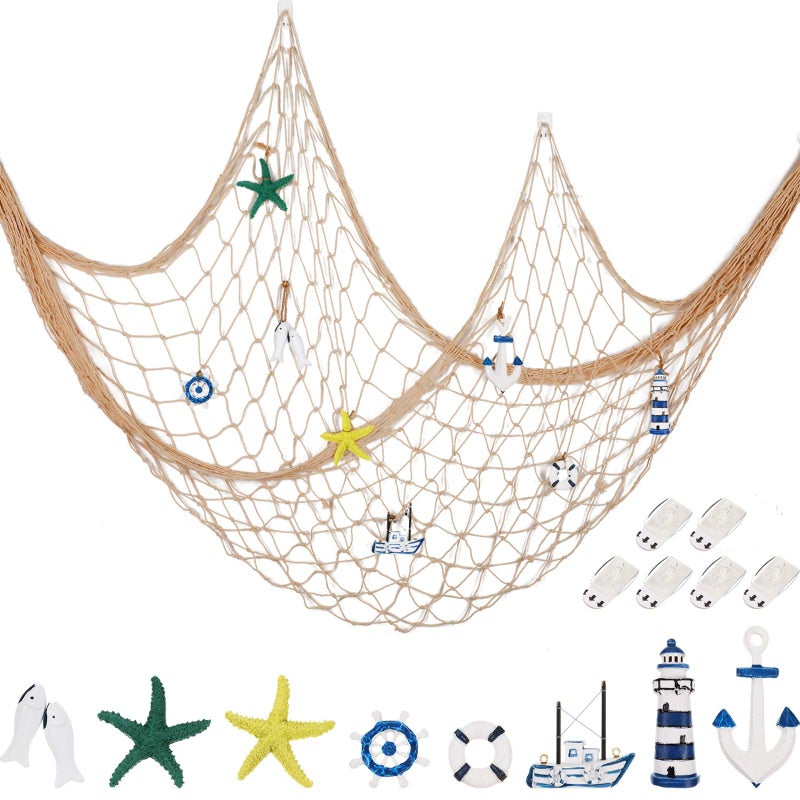 Jetec Decorative Fishnet Nautical Fishing Net Wall Hanging Decor 8 Pieces Starfish Sailboat Lighthouse Life Ring Rudder with Transparent Hook for Mermaid Mediterranean Party Creamy White 