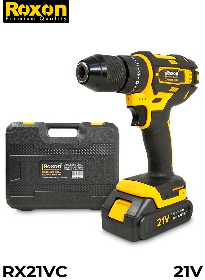 روكسون مثقاب/مفك براغي لاسلكي روكسون 21 فولت مع ظرف بدون مفتاح 13 مم، بطارية ليثيوم أيون، سرعة متغيرة، تحكم أمامي/عكسي، ضوء LED مدمج، طقم بطارية مزدوجة مع شاحن وحقيبة حمل - RX - 21VCD - Image 1