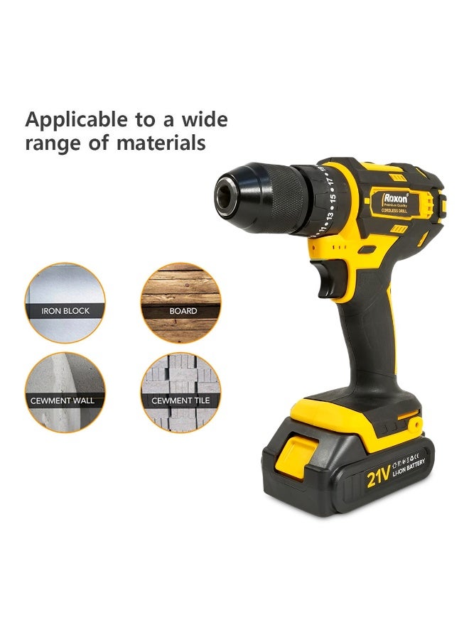 روكسون مثقاب/مفك براغي لاسلكي روكسون 21 فولت مع ظرف بدون مفتاح 13 مم، بطارية ليثيوم أيون، سرعة متغيرة، تحكم أمامي/عكسي، ضوء LED مدمج، طقم بطارية مزدوجة مع شاحن وحقيبة حمل - RX - 21VCD - Image 2