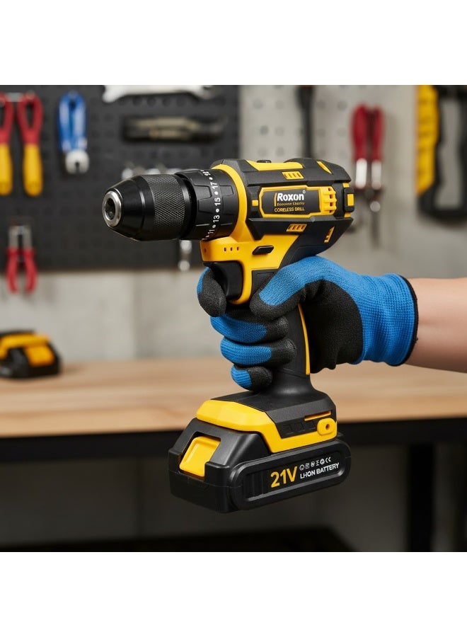 روكسون مثقاب/مفك براغي لاسلكي روكسون 21 فولت مع ظرف بدون مفتاح 13 مم، بطارية ليثيوم أيون، سرعة متغيرة، تحكم أمامي/عكسي، ضوء LED مدمج، طقم بطارية مزدوجة مع شاحن وحقيبة حمل - RX - 21VCD - Image 3