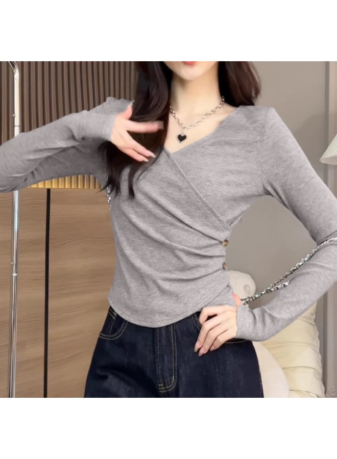 Modal Autumn And Pure Fashion Decorative Button Solid Color Waist-Cinching Slimming Stylish Long-Sleeve Women'S Top - Image 3