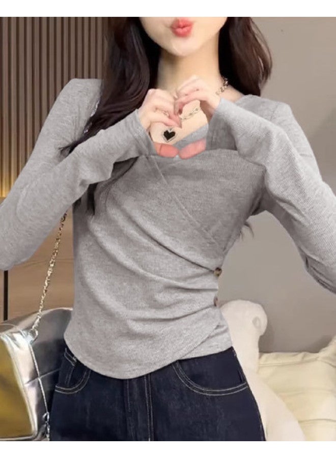 Modal Autumn And Pure Fashion Decorative Button Solid Color Waist-Cinching Slimming Stylish Long-Sleeve Women'S Top - Image 1