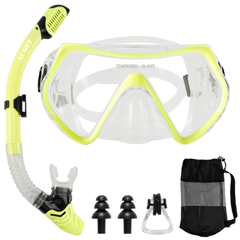 APLOS Adult Snorkel Set with Diving Goggles and Dry Snorkel, Anti-Fog Anti-Leak Tempered Glass Mask, Yellow - Image 1