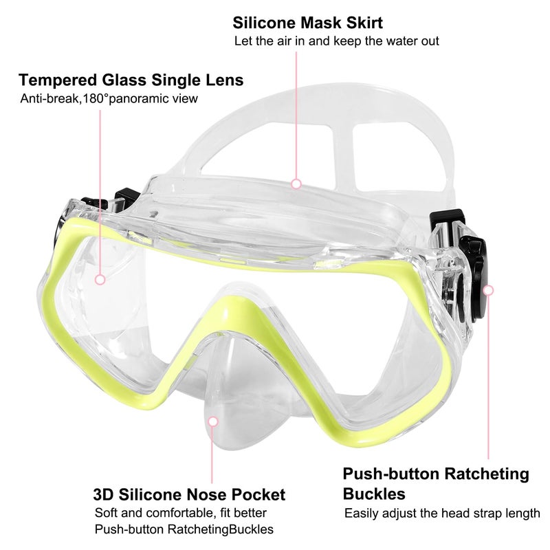 APLOS Adult Snorkel Set with Diving Goggles and Dry Snorkel, Anti-Fog Anti-Leak Tempered Glass Mask, Yellow - Image 2
