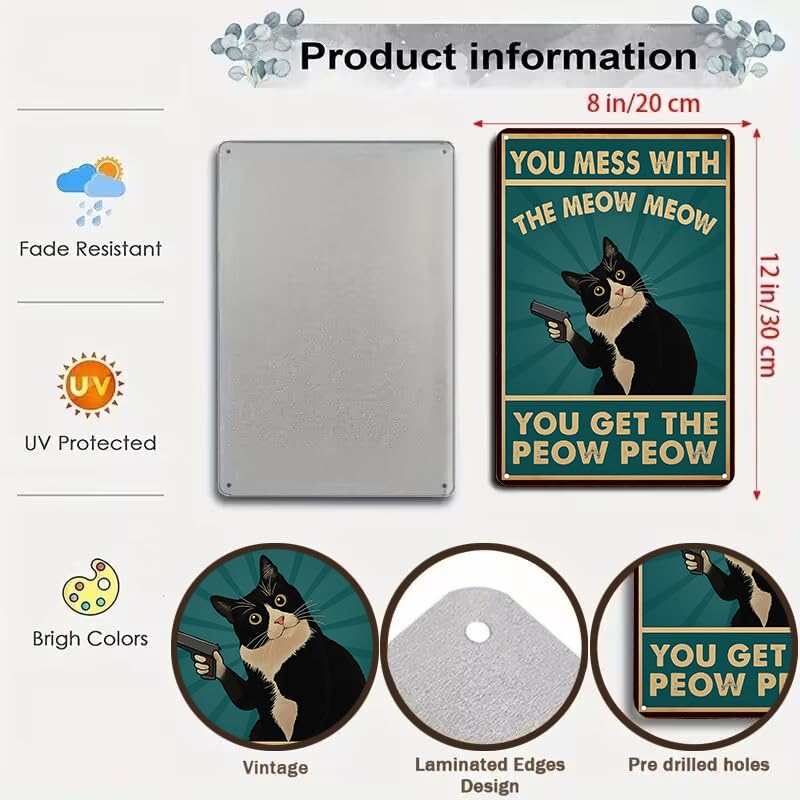 Funnysign Cat Lovers Gifts You Mess With Meow Mow Cat Tin Sign for Home Man Cave Bedroom Living Room Bathroom Decor 8 X 12 Inch (3995) - Image 2