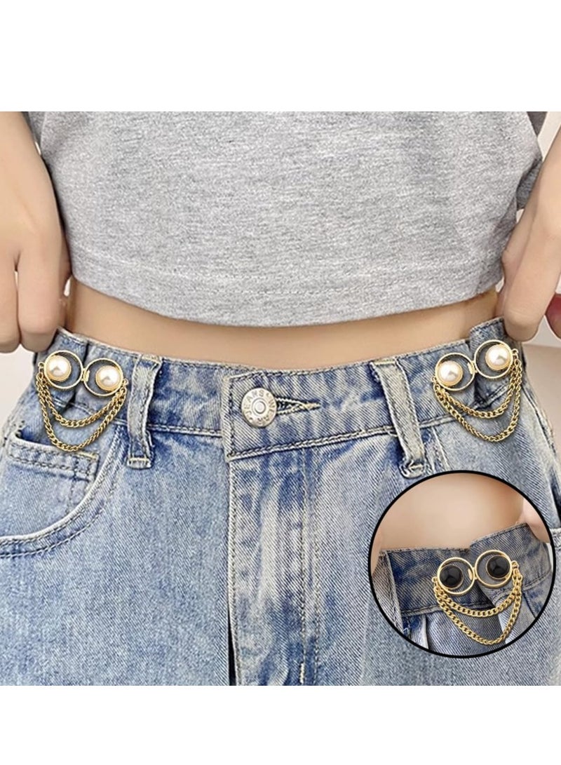 Excefore 4 Pairs Pearl Chain Button Pins for Loose Jeans,No Sewing Adjustable Detachable Decorative Waist Buckles Jeans Fit Tighten Buckles (gold chain) - Image 5