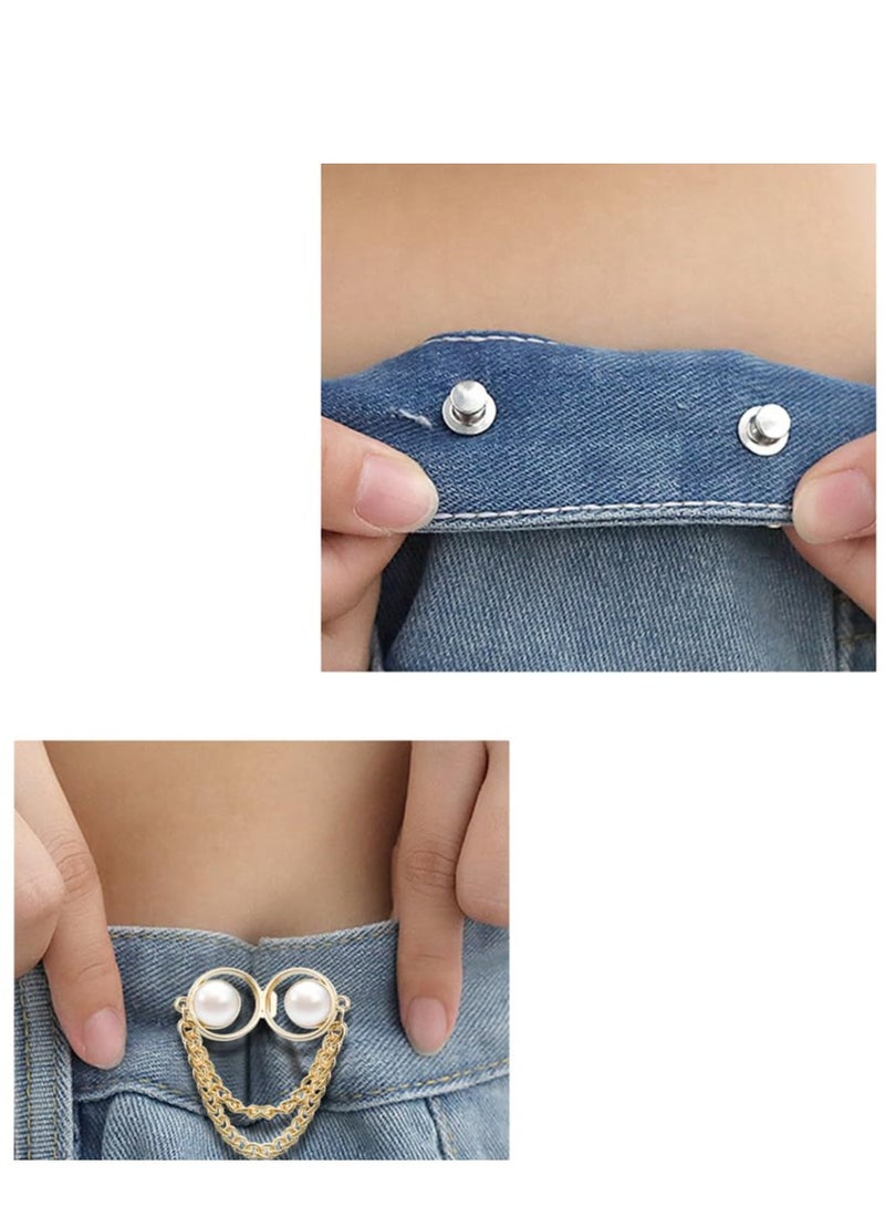 Excefore 4 Pairs Pearl Chain Button Pins for Loose Jeans,No Sewing Adjustable Detachable Decorative Waist Buckles Jeans Fit Tighten Buckles (gold chain) - Image 2