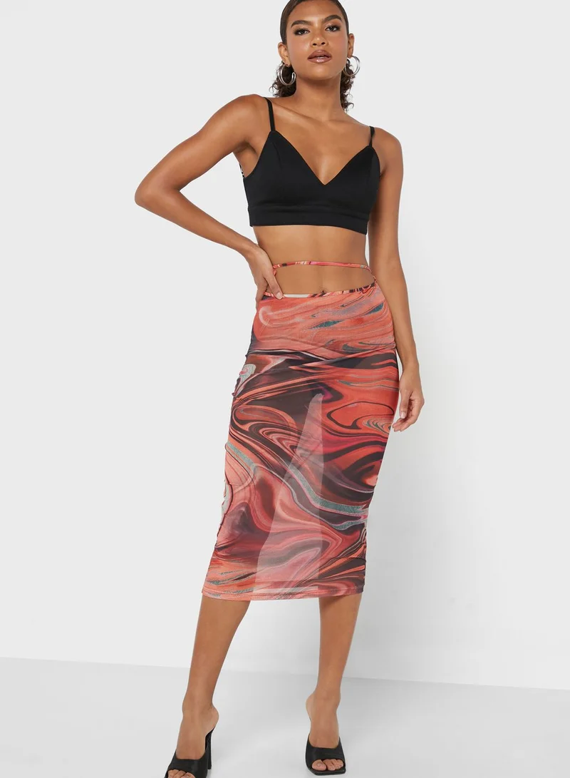 Missguided Printed High Waist Midi Skirt