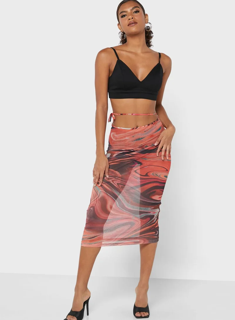 Missguided Printed High Waist Midi Skirt