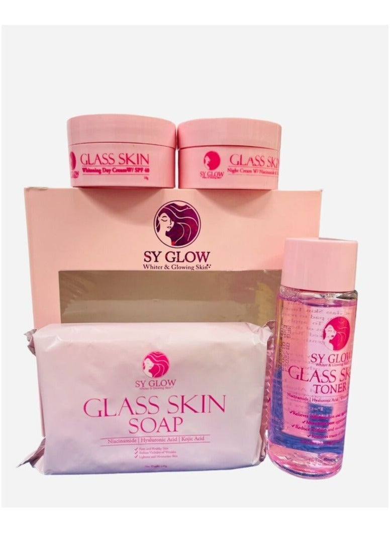 SY GLOW مجموعة تحدي تبييض البشرة الزجاجية لمدة 7 أيام، فتح اللمعان مع كريم نهاري للتبييض 10 جم، كريم ليلي 10 جم، تونر 60 مل، وصابون 135 جم، علاج البثور وتقليل المسام ومحو الخطوط الدقيقة. - Image 1