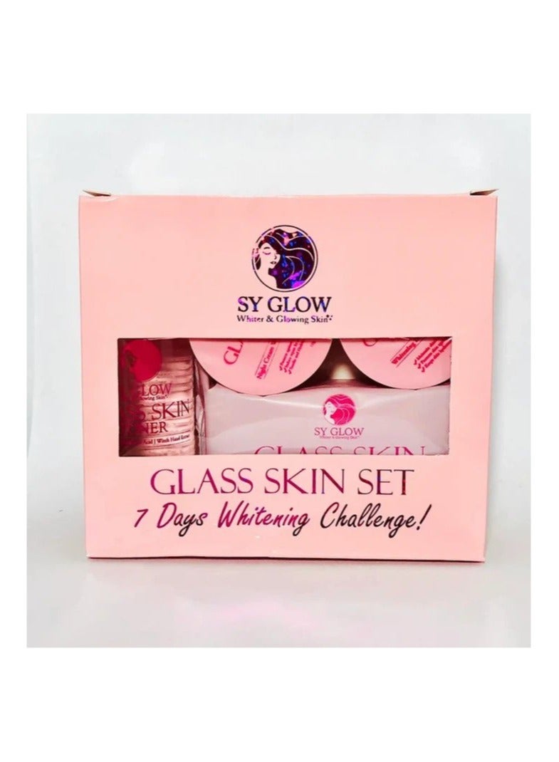 SY GLOW مجموعة تحدي تبييض البشرة الزجاجية لمدة 7 أيام، فتح اللمعان مع كريم نهاري للتبييض 10 جم، كريم ليلي 10 جم، تونر 60 مل، وصابون 135 جم، علاج البثور وتقليل المسام ومحو الخطوط الدقيقة. - Image 3
