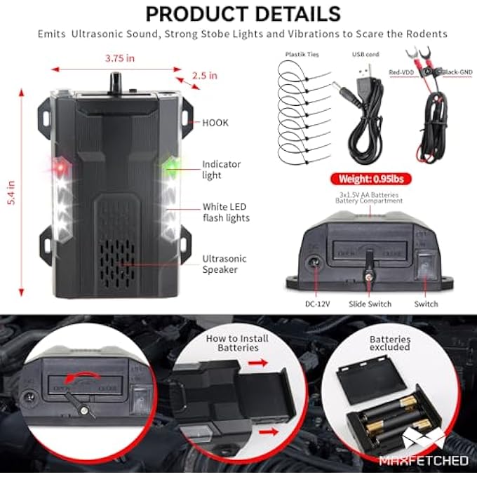 rayihni Rodent Repellent Ultrasonic Under Hood Battery Operated or Wire Installation with Strobe Lights & Vibrations, Keep Rat Mice Away from Car Engine Truck Garage Attic Vehicle Protection - Image 3