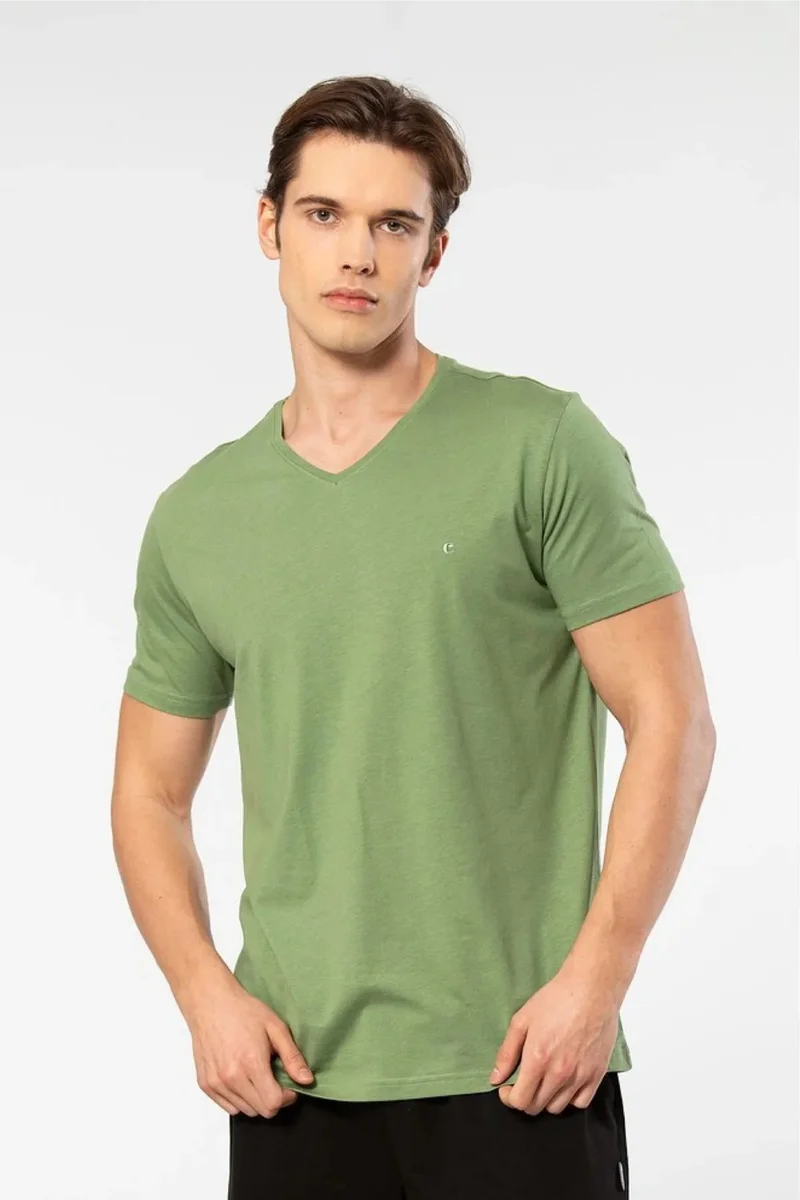 cacharel 2170 Men's Modal Cotton V-Neck Short Sleeve T-Shirt-Green